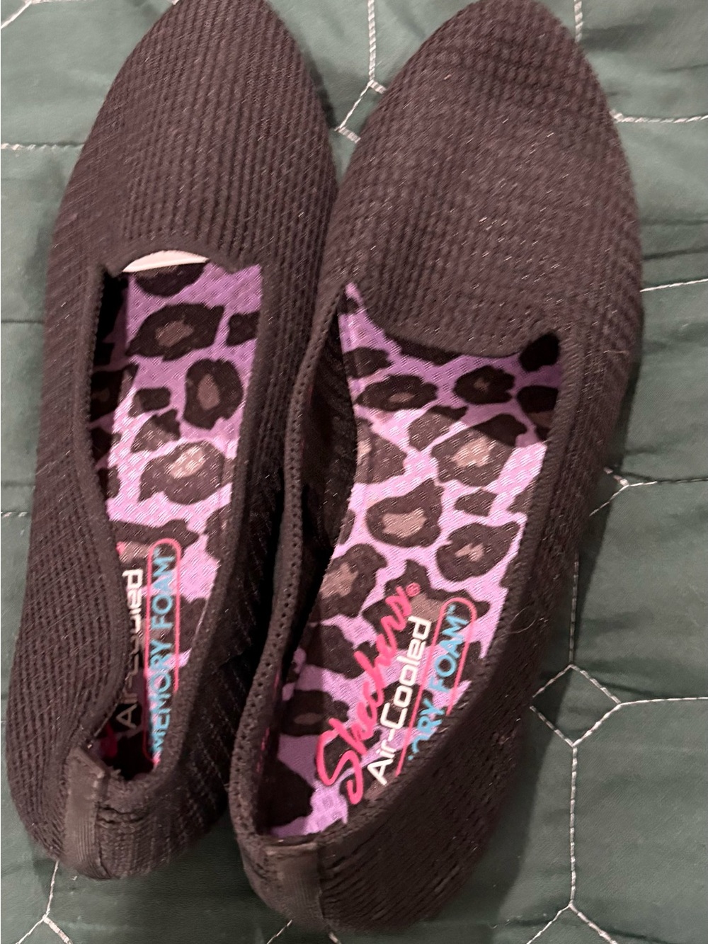Skechers Black Knit Slip-On Flats with Purple Leopard Insole